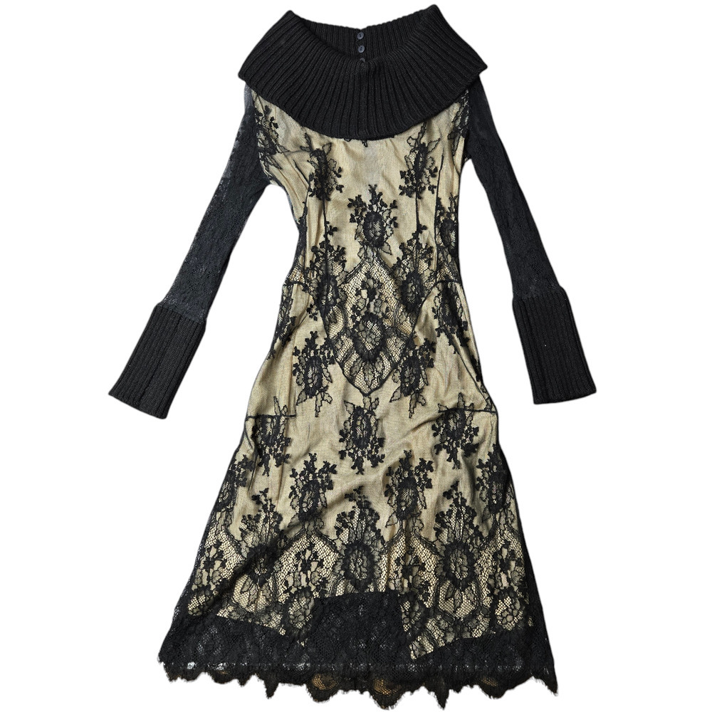 JE Ona Selfa Black Lace Wool Blend Vintage Designer Dress Size: 40